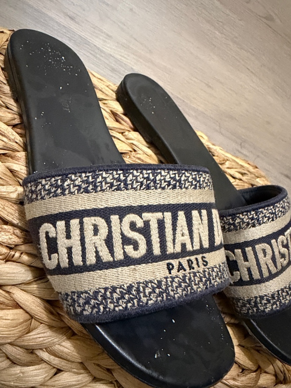 Dior Navy and Beige Logo Slide Sandals - Picture 2 of 5